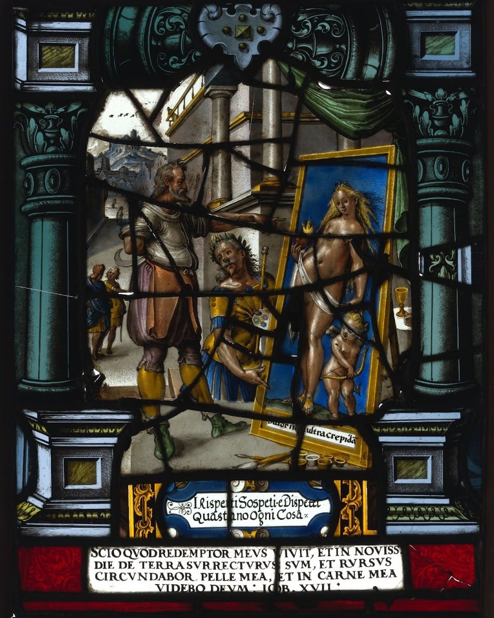 An image of a 17th century panel, depicting Apelles and the Cobbler, in a bad state of repair.