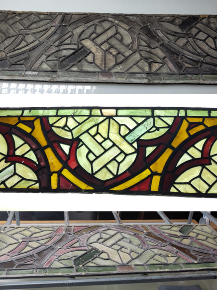 A series of photos showing the progressive cleaning of a medieval geometric panel.